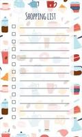 Vector shopping list template with coffee icons background. Memo pages, to do, daily planner.