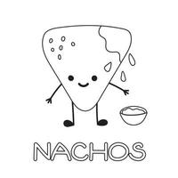 Chips Nachos character with a cup of tomato salsa. Mexican flat vector illustration
