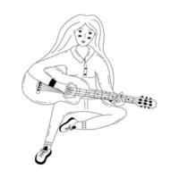 Beautiful girl plays the guitar. Vector contour