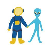 Astronaut and alien. Friendship of civilizations. Vector hand drawn