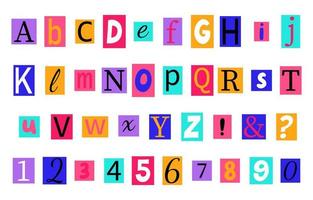 Alphabet in y2k, 90s style. Anonymous colorful letters cut from magazines. vector