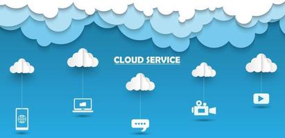 Vector white and blue cloud service paper cut style with shadow, connect from cloud and internet device media and related thing, internet storage and technology concept