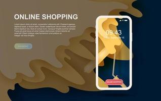 3D Paper art and craft of smartphone online shopping Vector concept with roller brush yellow paint for your text space background.banners and advertising .Isolated on blue wall marking color pastel.