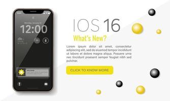 Odesa, Ukraine-February 01, 2023 high quality vector smartphone mockup screen with new iOS 16 system installed, vector yellow and grey realistic banner.