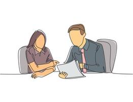 One single line drawing of two young male and female worker holding a paper and discussing about work together at the office. Job discussion concept continuous line draw design vector illustration