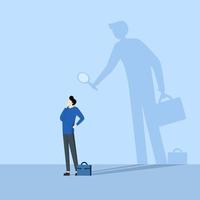 Self-assessment concept or self-analysis process to know oneself, find plan or goals in life or work and career concept, businessman with shadow using magnifying glass to analyze himself. vector