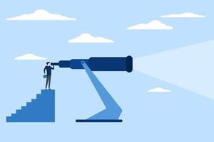 Concept of looking for opportunity, forecast and visionary, finding long term goal concept, business strategy for distant future, businessman looking through big telescope to see future. vector