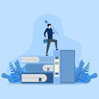 Learning is important concept, study for future expansion, Reading books to improve skills, male character standing on pile of books with pencil, blue flat vector illustration design