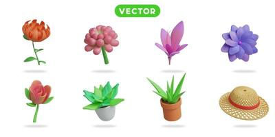 3d rendering. Flowers in spring and summer icons set on a white background Cremon flower,  waterlily,  lily, lotus flower,  tulip, aloe vera, straw hat. vector