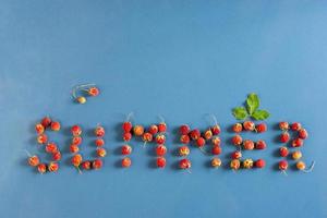 The inscription summer lined with strawberries on a ceramic tile with a dust texture. A leaf over the letter E. Flat view. Forest strawberry. photo