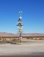 Lone desert directional sign with shades of brown landscapeand blue skies photo