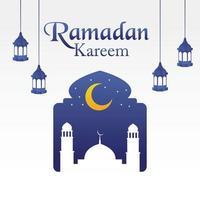 Ramadan Kareen Vector poster flat art with mosque doom and hanging lantern in background Crescent moon  starry sky night Design isolated free editable for content material asset