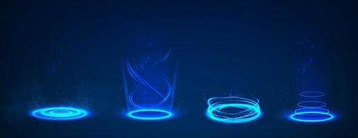 set of circle portal teleports with neon light glowing in the dark. vector