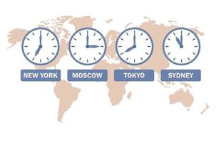 Time zones icon. Clocks showing local timezone. International time and date. Worldwide business. Vector flat illustration