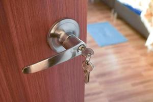 Metal door knob and keys closeup,Interior door knob in bedroom photo