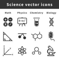 Free science linear vector icons set isolated on white background. Set of 12 vector icons for math physics chemistry biology, science infographics. All in one eps file. Free science icons collection.