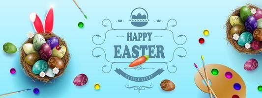 Blue composition with Easter eggs in nests, rabbit ears, palette with paints. vector