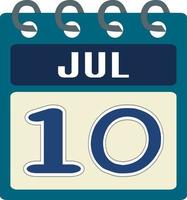 Flat icon calendar 10 of July. Date, day and month. Vector illustration . Blue teal green color banner. 10 Jun. 10th of Jul. Free vector.