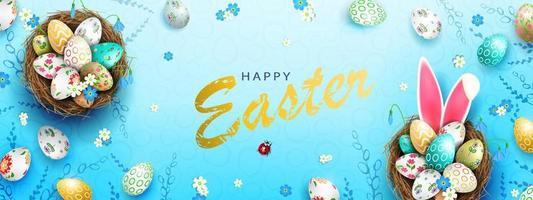 Blue composition with Easter eggs in nests, rabbit ears. vector