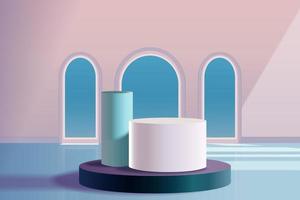 bstract 3d habitación con ligero rosa, blanco realista cilindro podio.el arco puerta en el pared en el antecedentes vector representación geométrico forma. Bosquejo producto mostrar. mínimo escena. etapa escaparate.