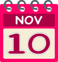 Flat icon calendar 10 of November. Date, day and month. PNG illustration . pink color banner. 10 Nov. 10th of Nov. Free PNG. Free calendar.