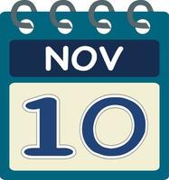 Flat icon calendar 10 of November. Date, day and month. Vector illustration . Blue teal green color banner. 10 Nov. 10th of Nov. Free vector.