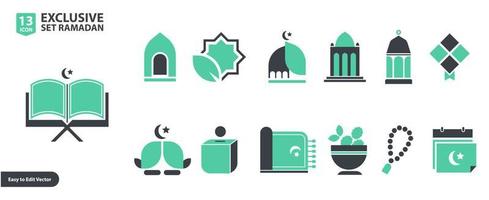 Ramadán Arábica islámico celebracion icono conjunto vector ilustración plano color estilo icono