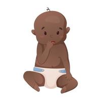 Vector cute african american baby boy sitting in diaper, isolated on white background.