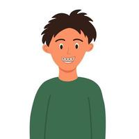 Smiling trendy boys with braces on teeth. Installing braces. Correction of byte. Dentistry. Orthodontics. Installing braces. Metal braces. Straight teeth. Vector illustration