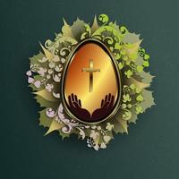 Easter composition with an egg with a gold rim, a cross and a silhouette of hands intertwined with silhouettes of green foliage. vector