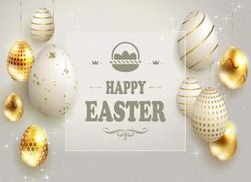 Bright Easter composition with a set of eggs on pendants, with a different pattern of white and gold. vector