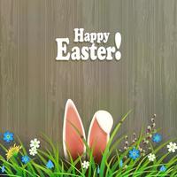 Easter composition with rabbit ears, grass, flowers and a willow twig, the silhouette of a light brown shade board. vector