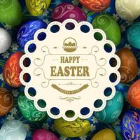 Beautiful composition with a set of Easter eggs and a light round frame with stitched braid. vector