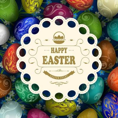 Beautiful composition with a set of Easter eggs and a light round frame with stitched braid.