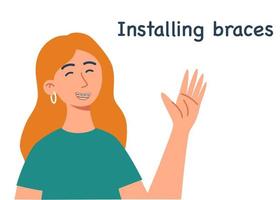 Smiling girl with braces on teeth. Installing braces. Correction of byte. Dentistry. Orthodontics. Installing braces. Metal braces. Straight teeth. Vector illustration in flat style.