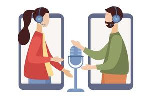 Online Interview concept. Journalist. Business people on online meeting. Video call conference. Social distancing. Remote work. Podcast. Vector flat illustration