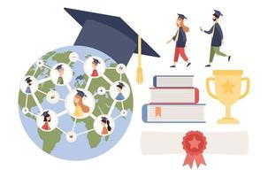 Online graduation icon set. Graduates all over World receive diplomas. Online education at social distancing symbol. Planet Earth with graduation cap. Vector flat illustration