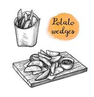 Potato wedges with sauce. Ink sketch isolated on white background. Hand drawn vector illustration. Retro style.