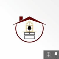 sencillo techo casa o hogar con ventana, mesa o aparador, escalera, y lámpara imagen gráfico icono logo diseño resumen concepto vector existencias. lata ser usado como un símbolo relacionado a propiedad o interior