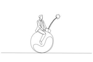 businessman riding round object that can explode. Concept of risk vector