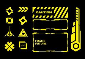 HUD futuristic frame border elements pack caution yellow line cyber sci-fi, icon symbol cyberpunk vector