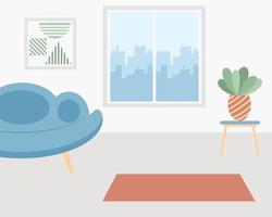 Interior. Living room with window, sofa, table, picture and indoorplant vector