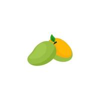 Draw two green mangoes with green leaves on the left. vector