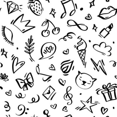 Girl Power linear hand drawn vector seamless pattern. Repeatable background with objects such as crown, lips, ice cream, letter, hearts, speech bubble, flame, flash, lashes, musical notes.