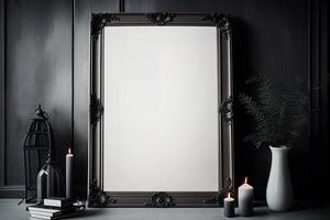 Mockup of blank vertical frame in dark gothic interior photo