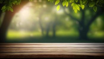 Wooden table and blurred green nature bokeh background for product.Tabletop photography Images of various objects, such as books, plants, or stationery, arranged on a wooden tabletop photo