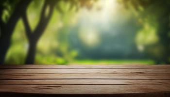 Wooden table and blurred green nature bokeh background for product.Tabletop photography Images of various objects, such as books, plants, or stationery, arranged on a wooden tabletop photo