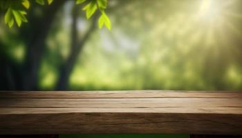 Wooden table and blurred green nature bokeh background for product.Tabletop photography Images of various objects, such as books, plants, or stationery, arranged on a wooden tabletop photo