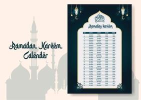 Ramadan time calendar 2023 With Prayer times in Ramadan. Ramadan Schedule - Fasting, Iftar, and Prayer timetable. Islamic background design with mosque and lamp. vector