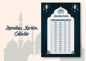 Ramadán hora calendario 2023 con oración veces en Ramadán. Ramadán calendario - ayuno, iftar, y oración calendario. islámico antecedentes diseño con mezquita y lámpara. vector